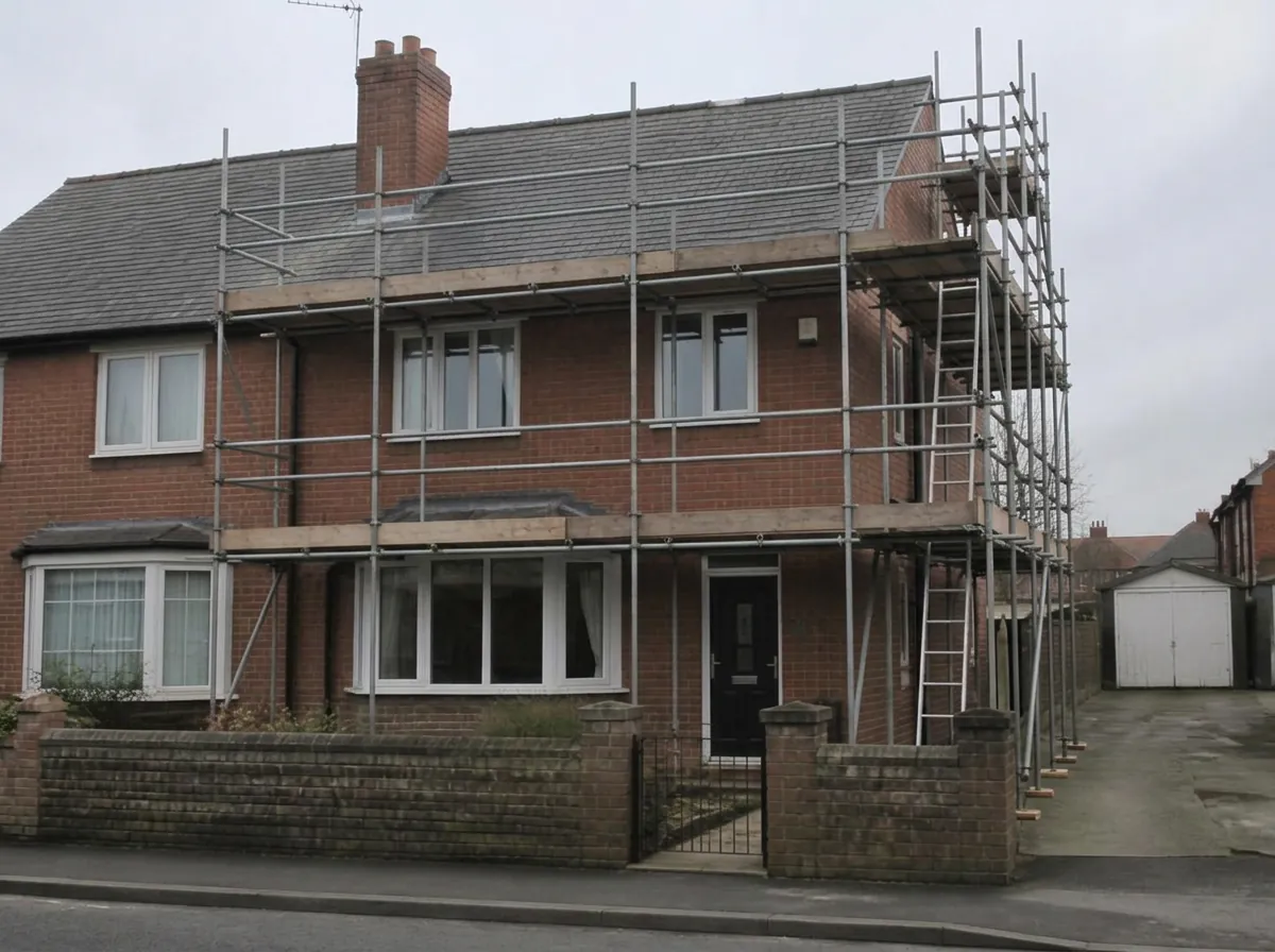 Scaffolding for roof replacement on a house in Mirfield — after